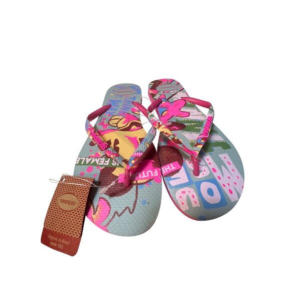 Havaianas Womens Graphic Flip-Flops Size 11/12 Pink & Blue Colorful Design With - Picture 2 of 4